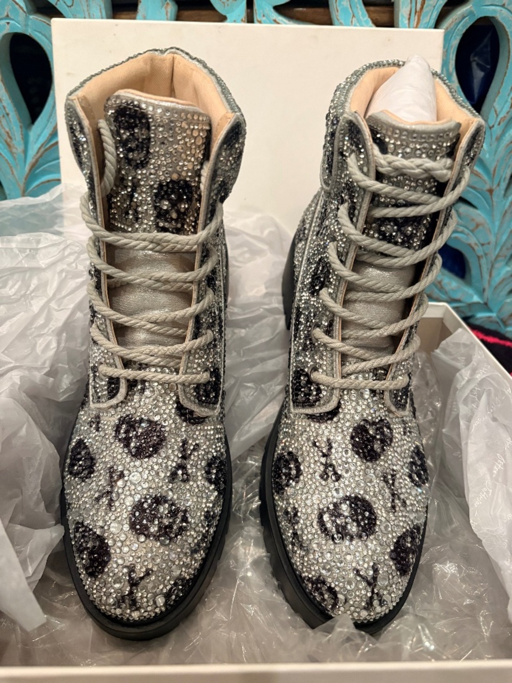 Betsey Johnson..HUDSN SKULLS Rhinestone Combat Boots Size 11 NIB Original Box